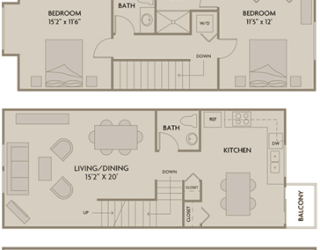 2 bed 2.5 Bath 1325 square feet floor plan B